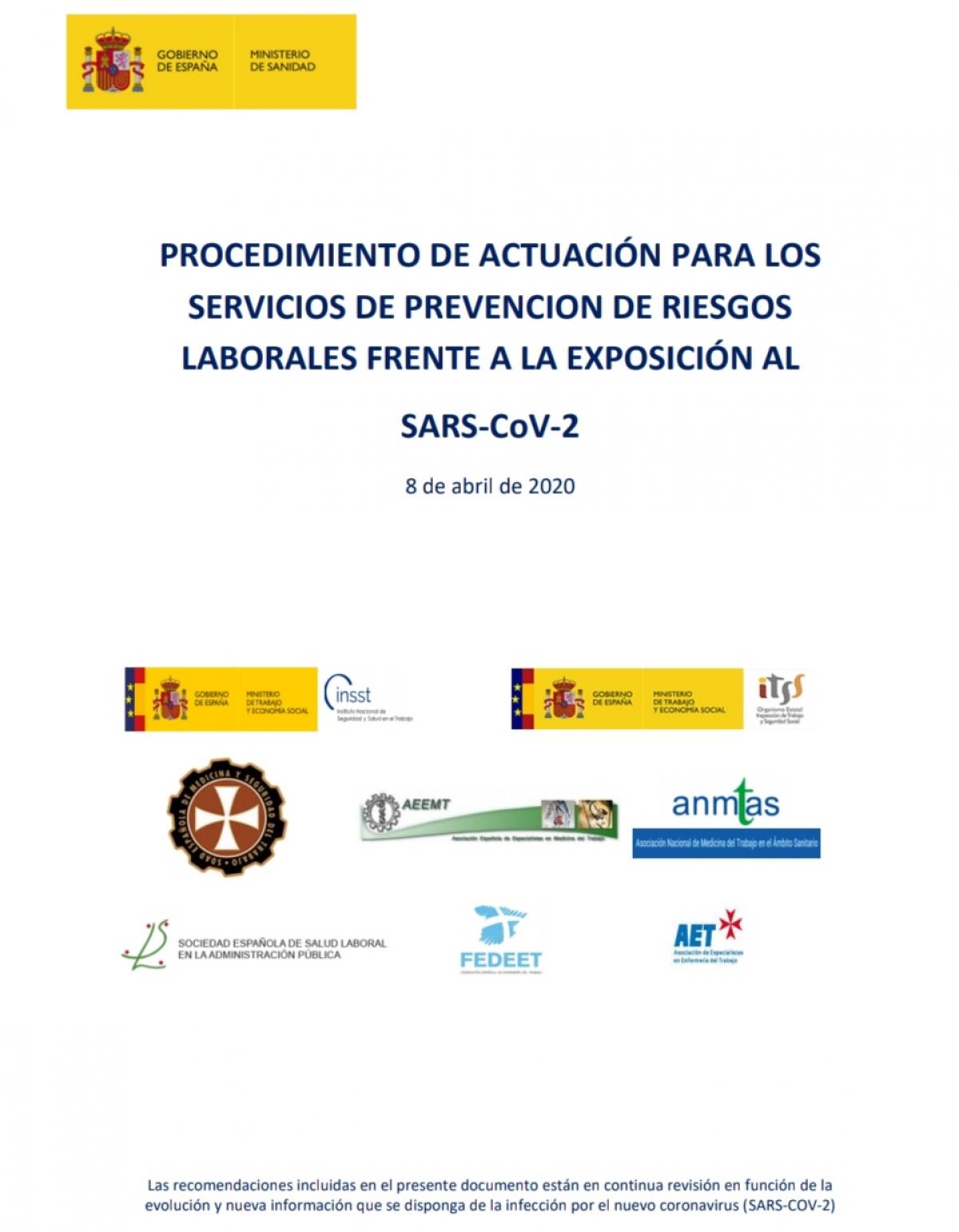 Portada Procedimiento de actuación para los servicios de prevención de riesgos laborales frente a la exposición al sars-cov-2